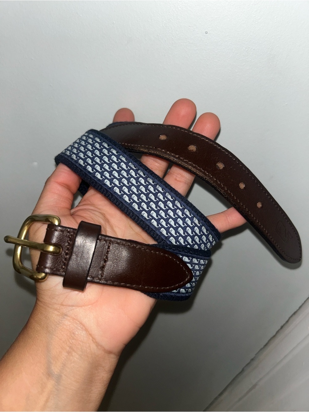 Vineyard Vines Navy & White Whale Woven Kids Belt with Brown Leather